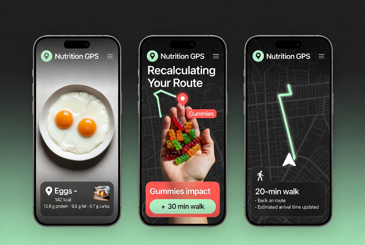 Three Nutrition GPS phone screens showing an egg meal scan, a recalculating route after gummy candy, and a 20-minute walk suggestion